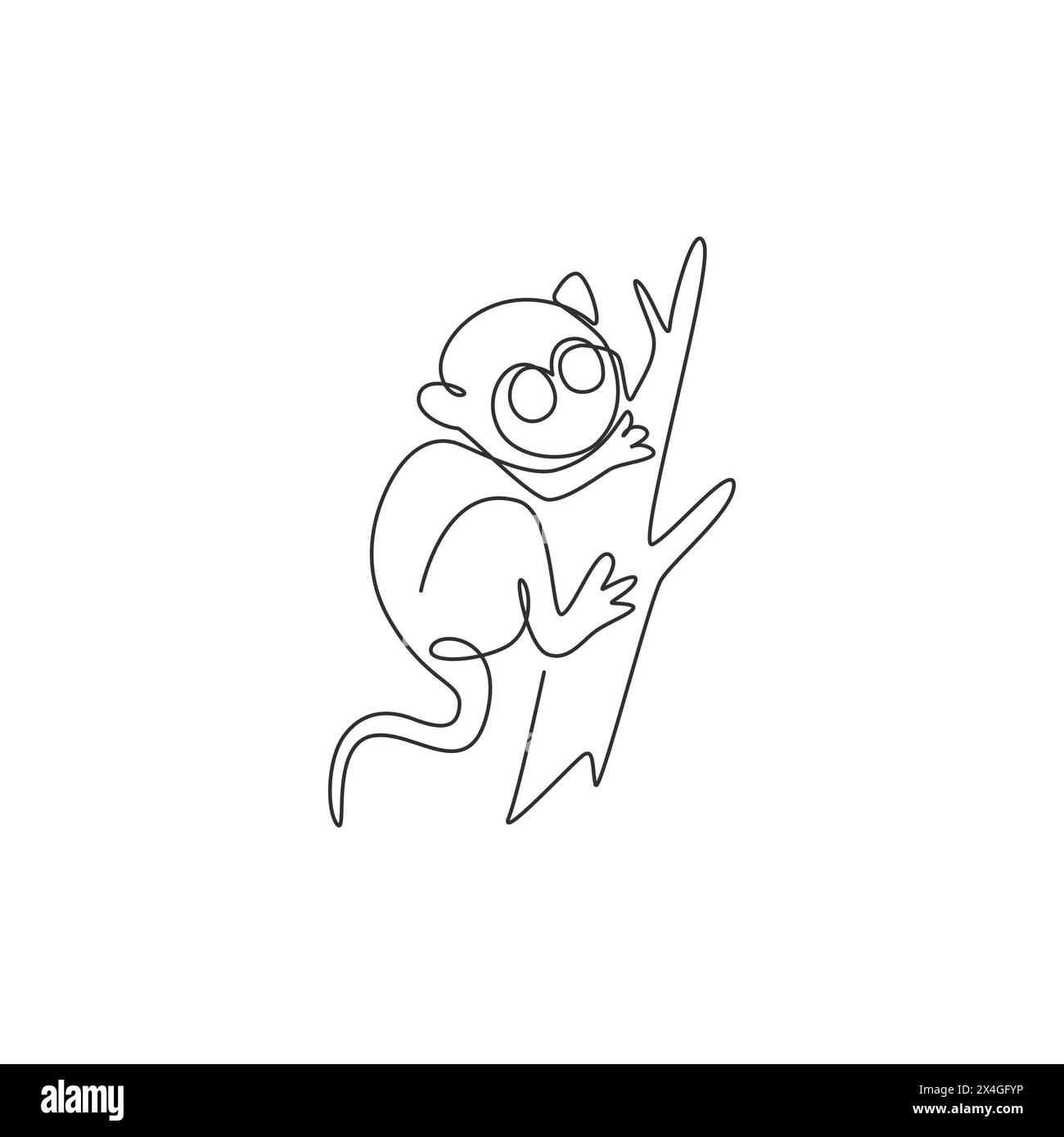 Disegno a linea singola e continua di adorabile tarsier per l'identità del logo aziendale. Il concetto di piccola mascotte di scimmia per l'icona del parco nazionale di conservazione. M Illustrazione Vettoriale