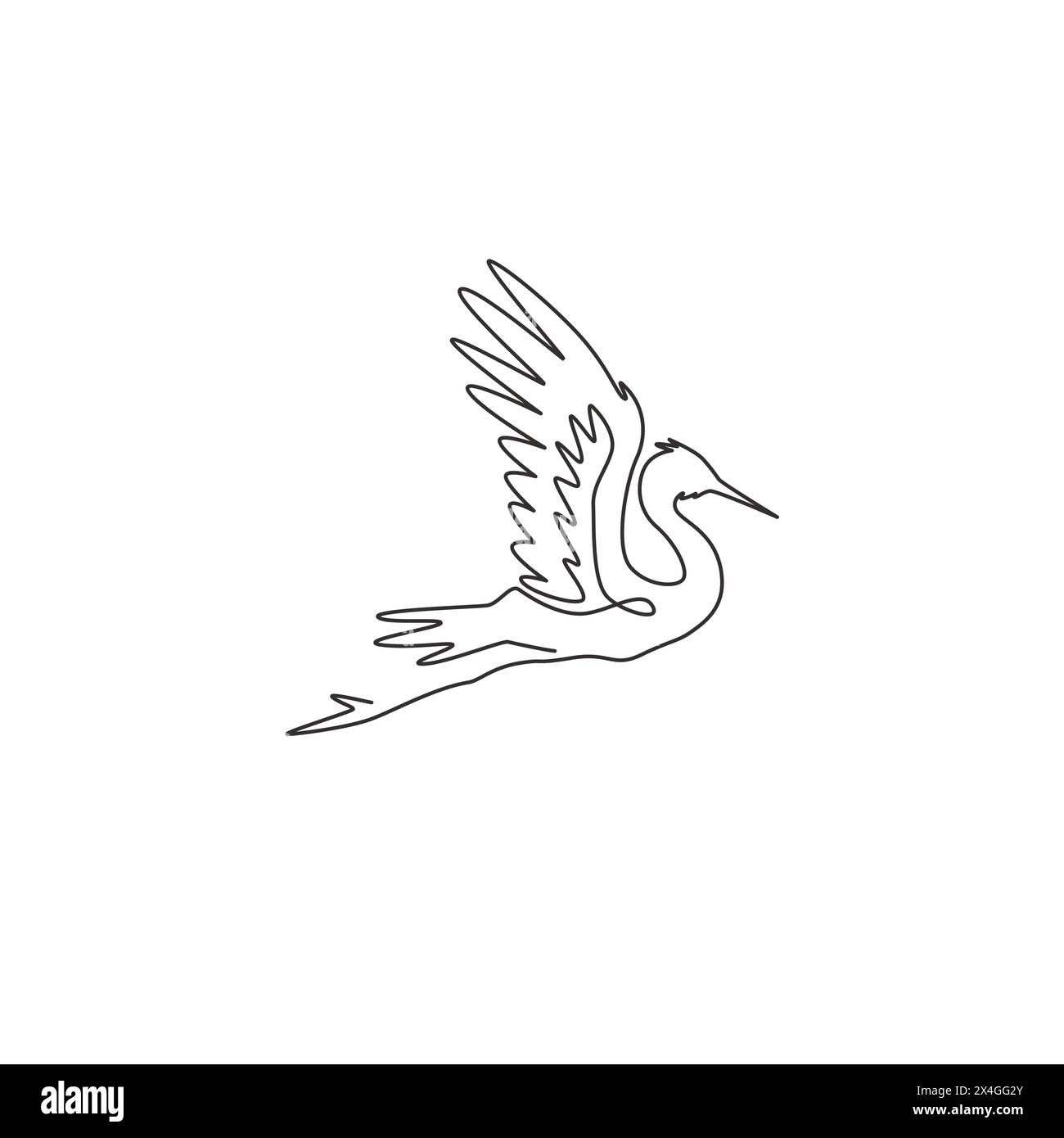 Un disegno continuo di un simpatico airone volante per l'identità del logo aziendale. Concetto di mascotte per uccelli costieri per l'icona del parco nazionale. Moderna linea singola Illustrazione Vettoriale