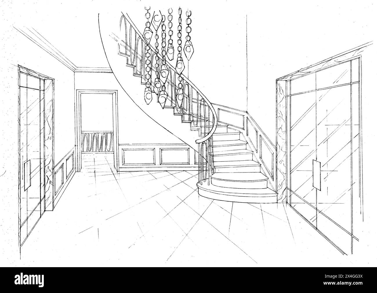 Uno schizzo in bianco e nero di un corridoio elegante. Foto Stock