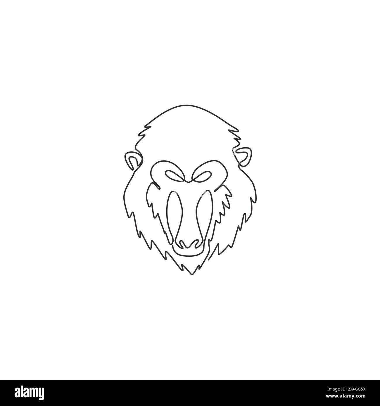 Un disegno a linea singola di una testa mandrino esotica per l'identità del logo aziendale. Il concetto di mascotte con il volto delle scimmie più grande per l'icona del parco safari nazionale. Camera moderna Illustrazione Vettoriale