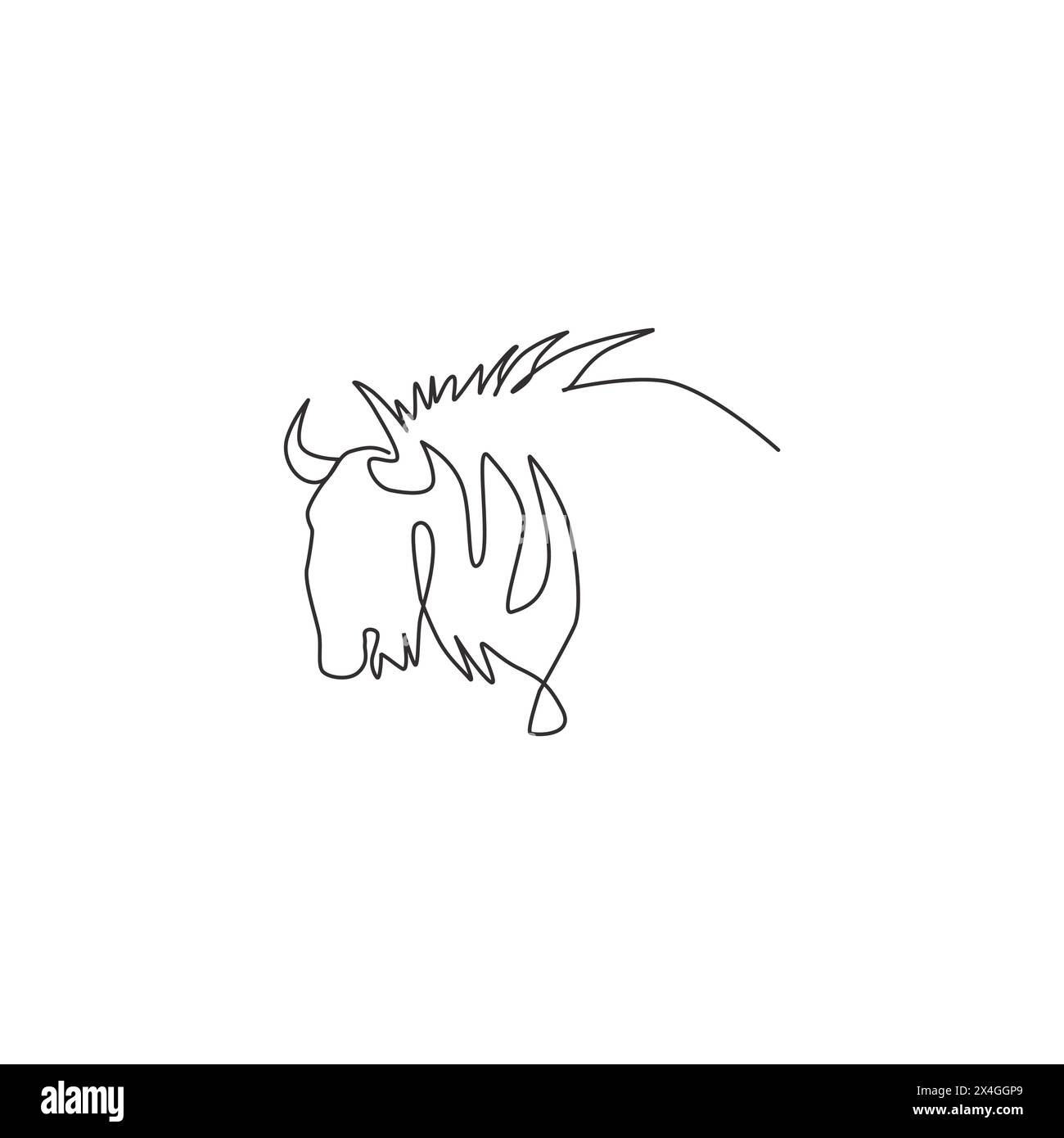 Un disegno continuo della testa degli GNU per l'identità del logo aziendale. Concetto di mascotte di mammiferi Big gnu per l'icona del parco nazionale di conservazione. Mod Illustrazione Vettoriale
