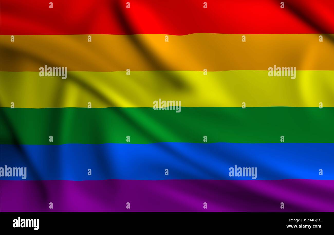 La bandiera LGBT che copre il telaio sta sventolando nel vento Foto Stock