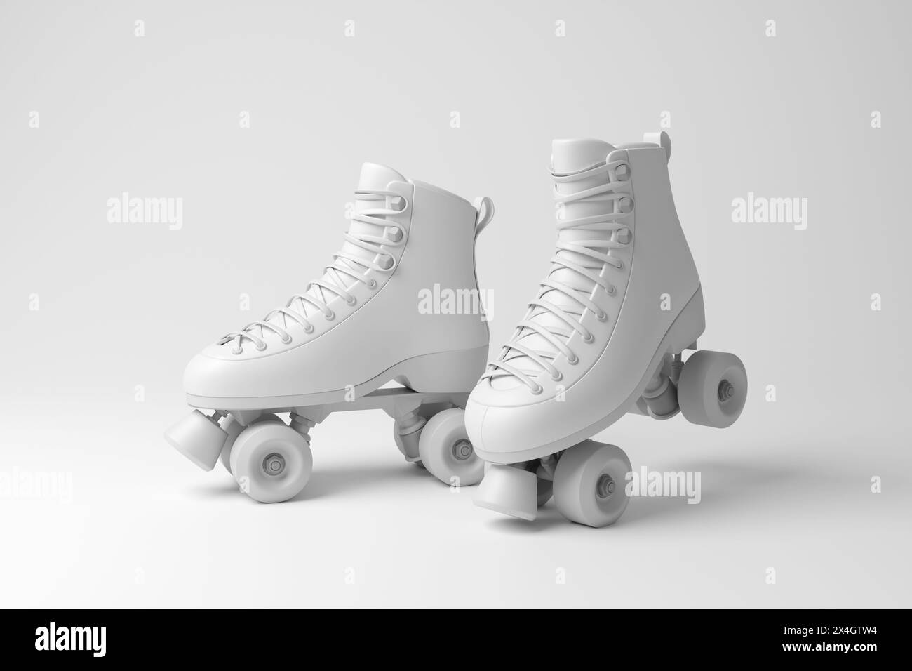 Pattini a rotelle quadrupli bianchi classici su sfondo bianco. Illustrazione del concetto di hobby, sport e modalità di trasporto Foto Stock