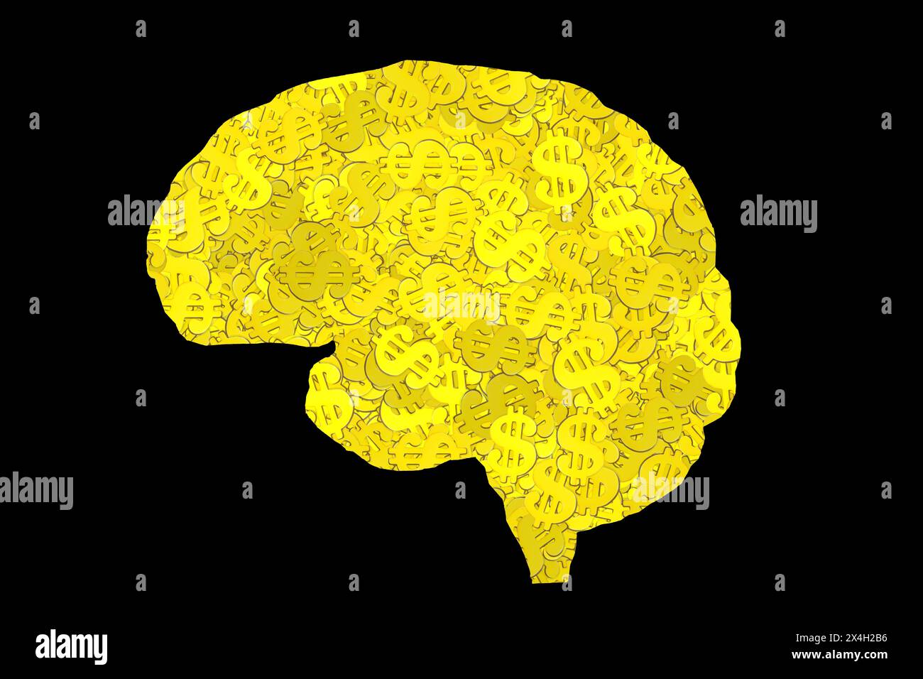 Forma piatta del cervello umano fatta di segni del dollaro dorato accumulati isolati sul nero. Foto Stock