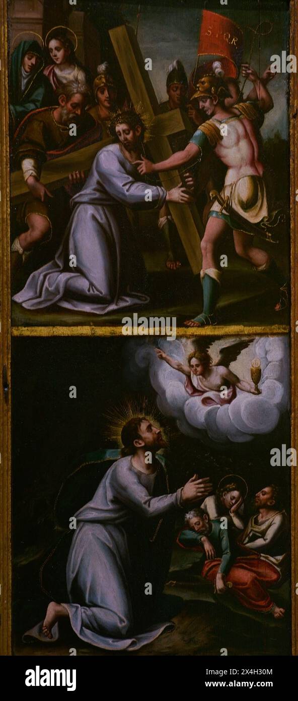Cristo che cade sulla strada per il Calvario e preghiera nel Giardino. Episodi della passione raffigurati all'interno delle porte di un trittico devozionale. Scuola Toledan. Attribuito a Luis de Velasco (1530-1606) e a suo figlio Cristóbal de Velasco (1617). Olio sul pannello, ultimo quarto del XVI secolo. Museo di Santa Cruz. Toledo. Spagna. Foto Stock