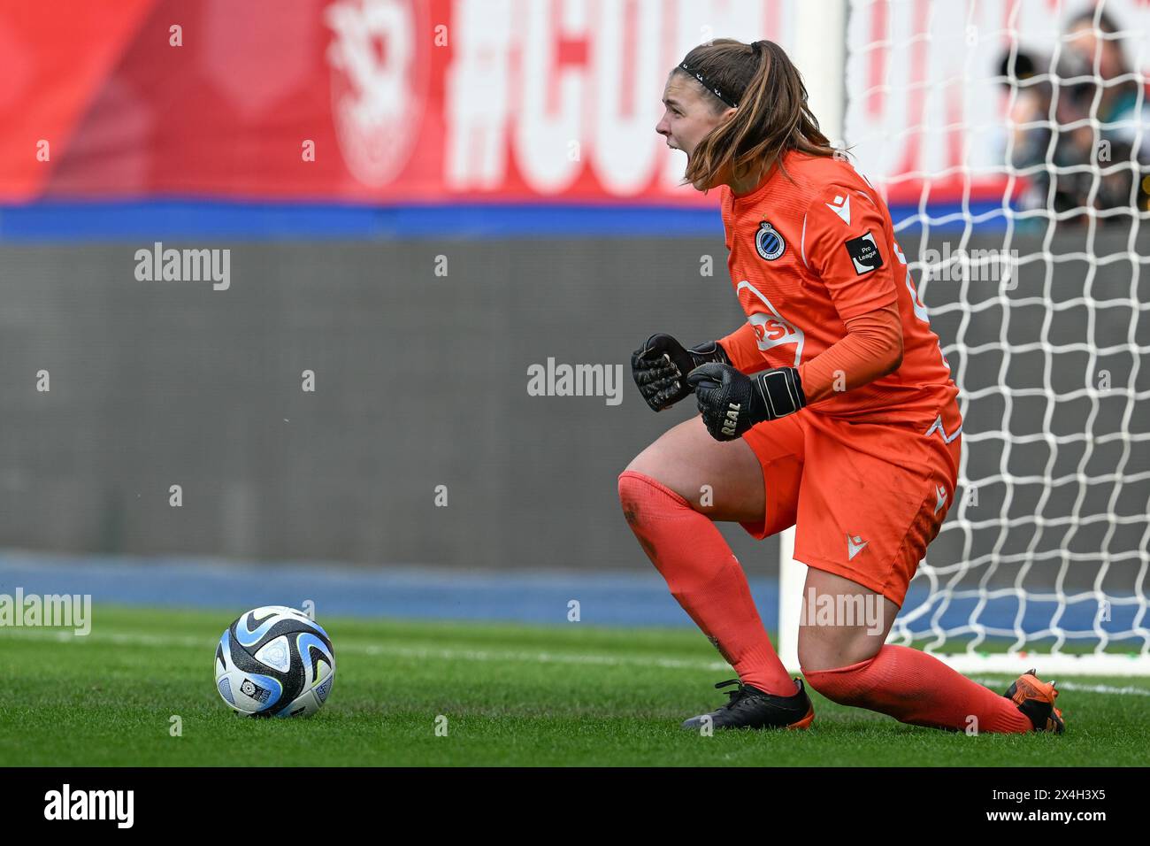 Lovanio, Belgio. 1° maggio 2024. Portiere Jorijn Covent (87) del Club YLA nella foto di una partita di calcio femminile tra Oud Heverlee Leuven e Club Brugge YLA nella finale di Coppa del Belgio, venerdì 1° maggio 2024 a Lovanio, BELGIO . Crediti: Sportpix/Alamy Live News Foto Stock
