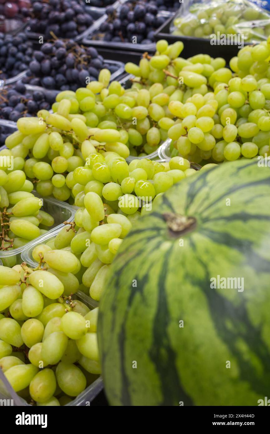 Varietà di uva e anguria sul mercato. Diversi tipi di uva in cesto. Mucchio di uva e anguria matura. Raccolto autunnale. Foto Stock