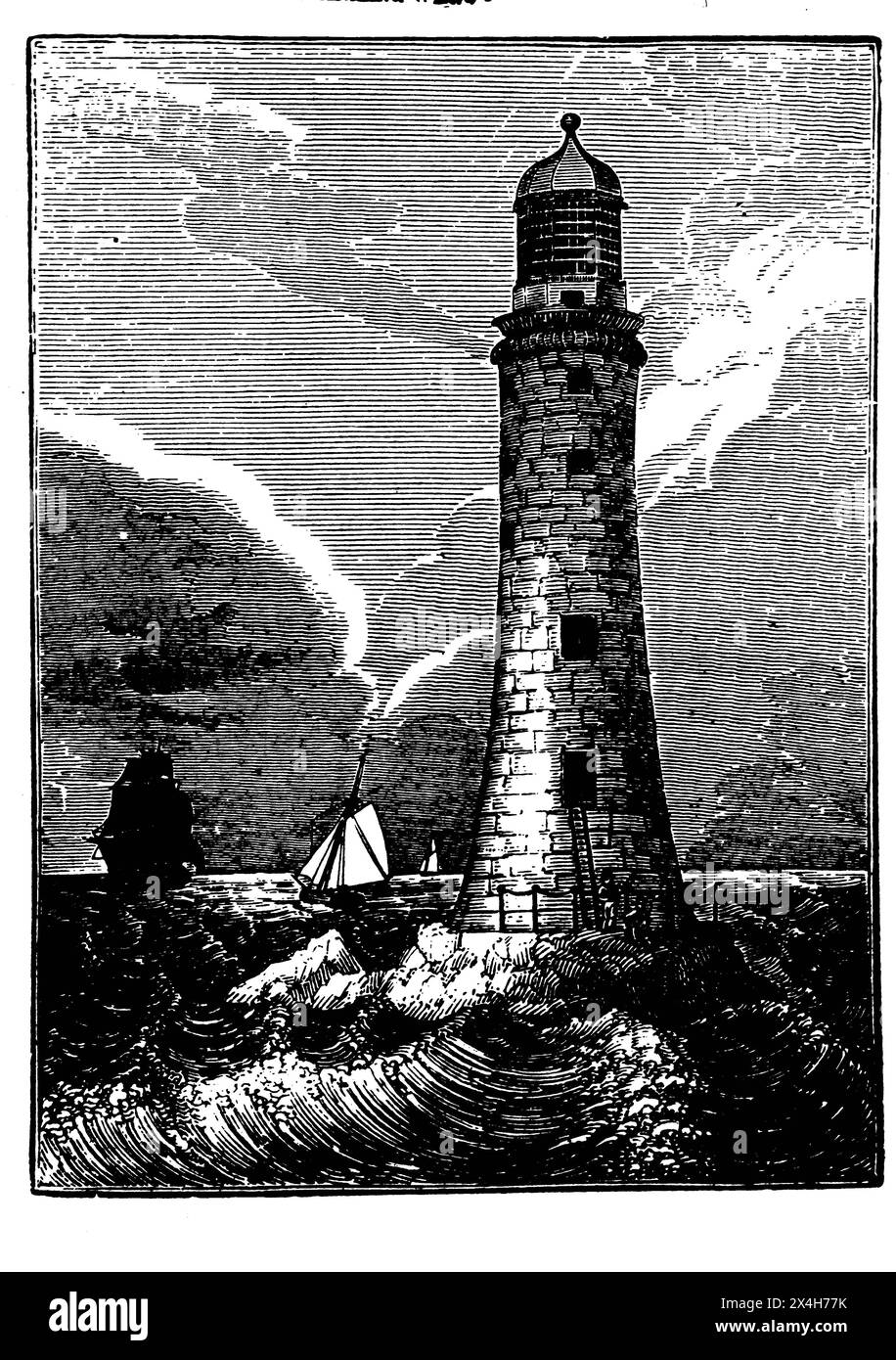 Una storica illustrazione in bianco e nero di un faro. Foto Stock