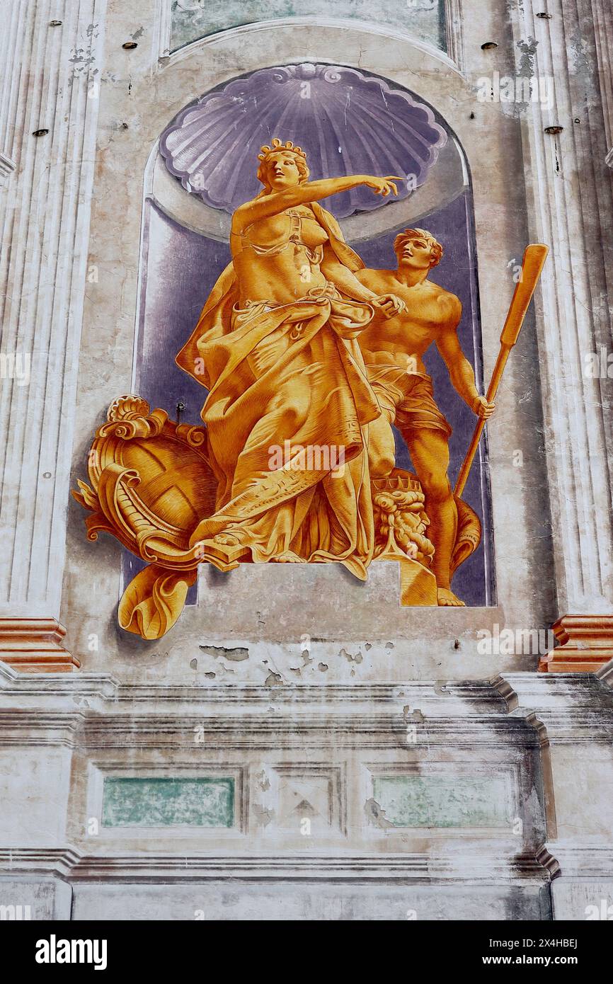 Dettaglio su un affresco dipinto su una parete della facciata di Palazzo San Giorgio (Palazzo San Giorgio), Genova Italia. Foto Stock