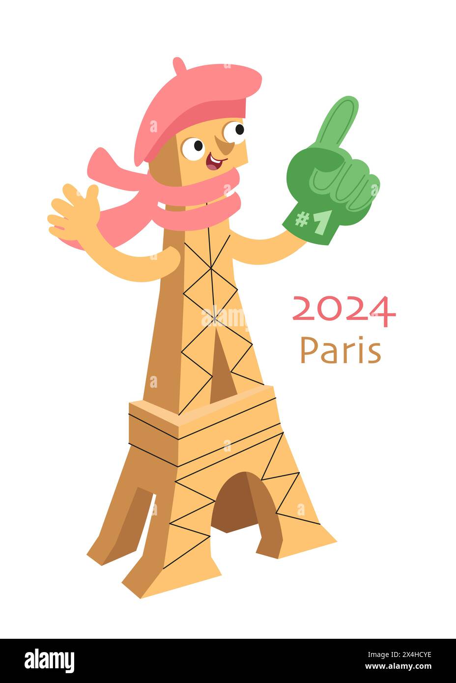 Giochi Olimpici 2024. Torre Eiffel. Personaggio dei cartoni animati con berretto e guanto per fan. Illustrazione vettoriale. Sport e punto di riferimento della Francia. Illustrazione Vettoriale