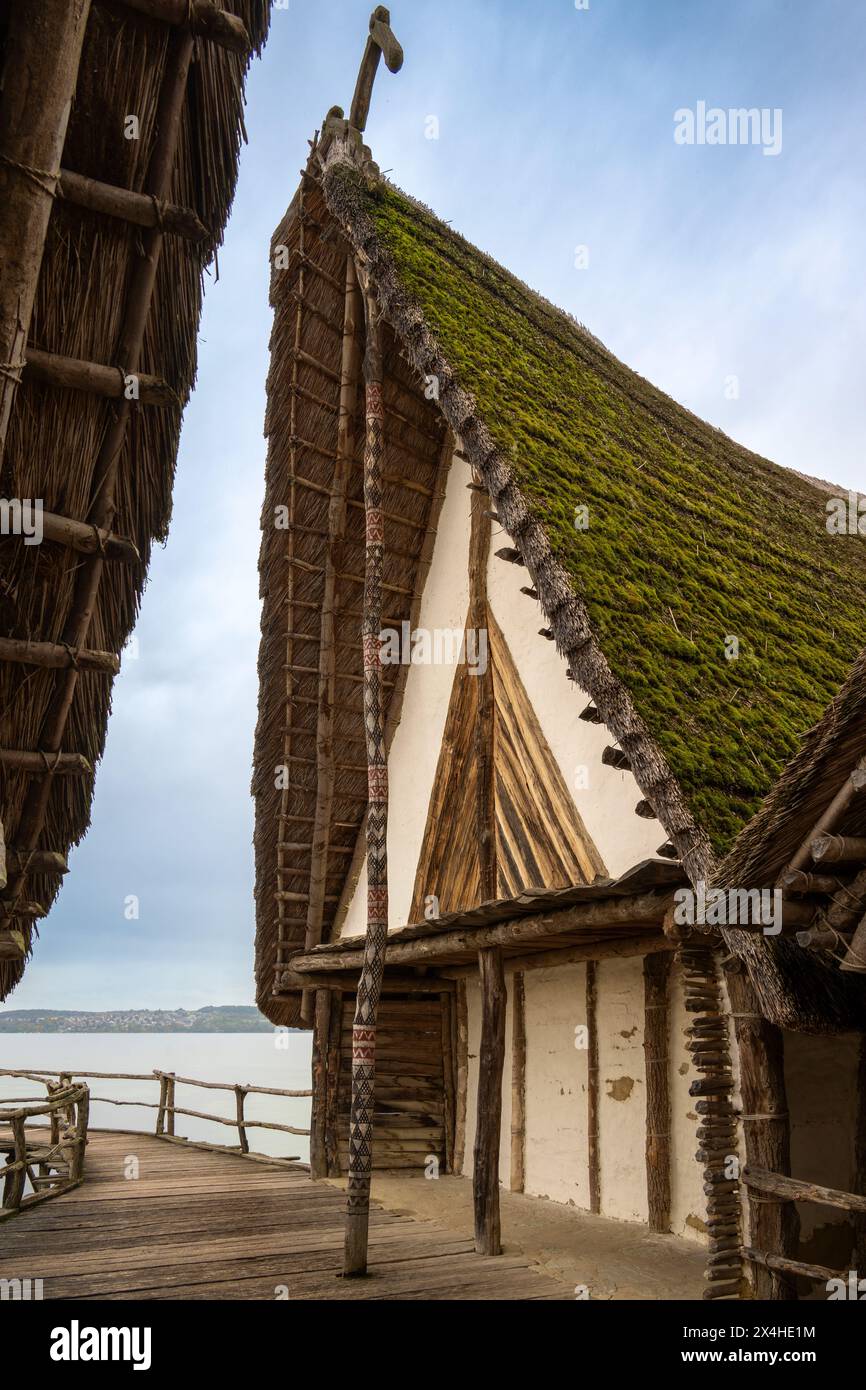Pile Dwellings Open Air Museum sul lago di Costanza, Uhldingen-Mühlhofen, Germania Foto Stock
