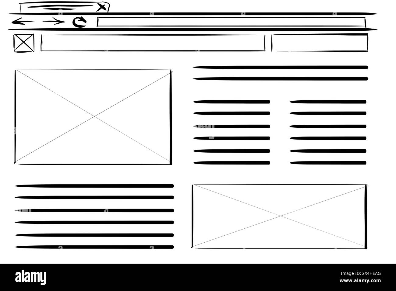 Modello di progettazione di siti Web, sviluppo di interfacce. Struttura a reticolo con elementi diversi su sfondo bianco Foto Stock