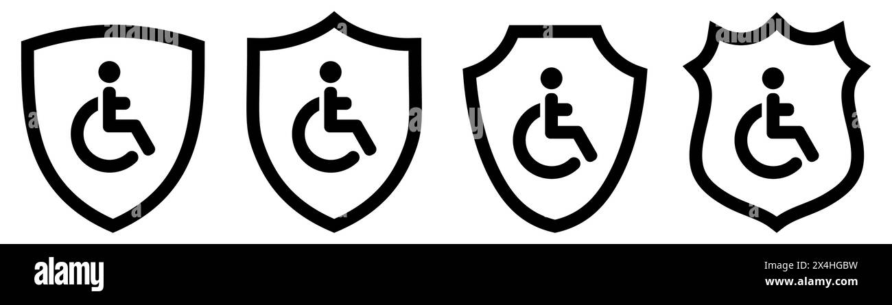 Icona della persona disabile all'interno dello scudo, versioni diverse. Concetto di protezione per disabili Illustrazione Vettoriale