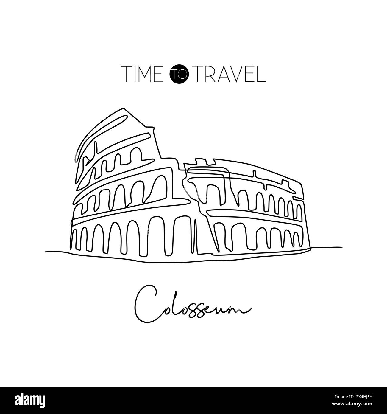 Una linea continua che disegna l'anfiteatro del Colosseo. Luogo storico iconico di Roma. Casa per le vacanze, arredamento da parete, stampa poster. M Illustrazione Vettoriale