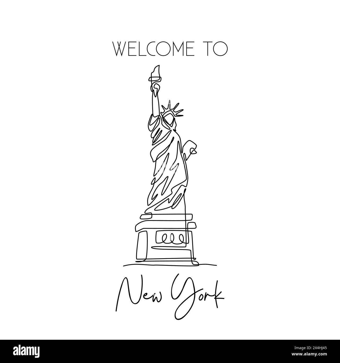 Una linea continua che disegna la Statua della libertà. Luogo storico iconico a New York, Stati Uniti. Arredamento per le vacanze, arte da parete, stampa poster. Mo Illustrazione Vettoriale