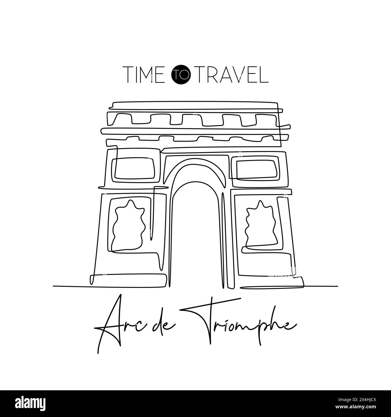 Disegno singolo di benvenuto all'Arco di Trionfo. Luogo storico iconico di Parigi. Concetto di cartolina di auguri turistici e di viaggio. Moderno Illustrazione Vettoriale