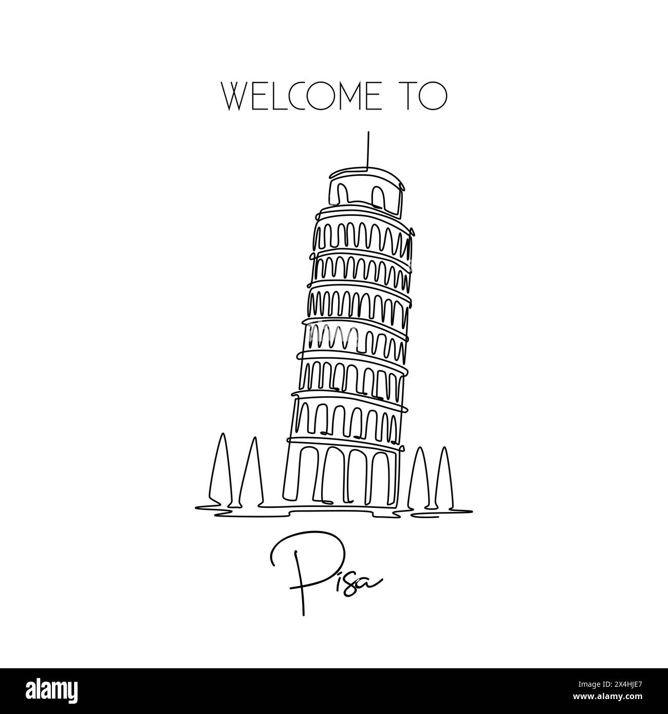 Disegno su una sola linea della Torre di Pisa magra. Bellissimo luogo storico iconico in Piazza del Duomo. Stampa poster per cartoline e decorazioni per la casa. Modalità Illustrazione Vettoriale