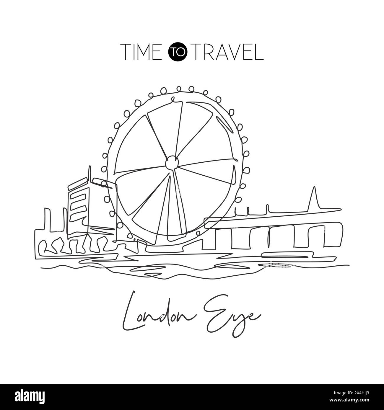 Depok, Indonesia - 2 agosto 2019: Una linea singola che disegna il punto di riferimento della ruota panoramica di Londra. Luogo famoso in tutto il mondo a Londra, Inghilterra. Postcar per viaggi turistici Illustrazione Vettoriale