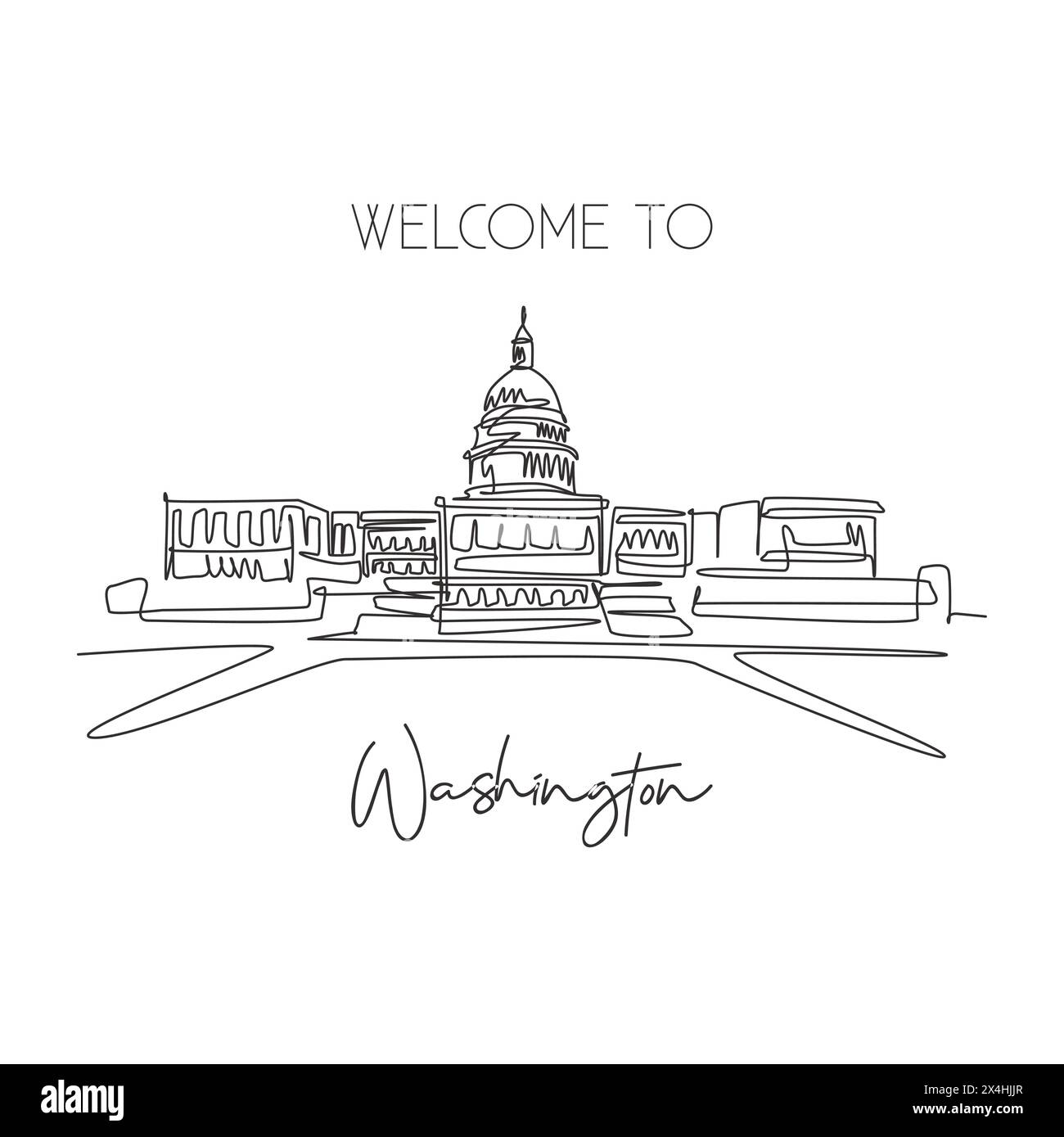 Una linea singola che disegna il monumento di Capitol Hill. Luogo famoso in tutto il mondo a Washington DC, Stati Uniti. Turismo da viaggio cartolina decorazione murale casa poster d'arte. Camera moderna Illustrazione Vettoriale