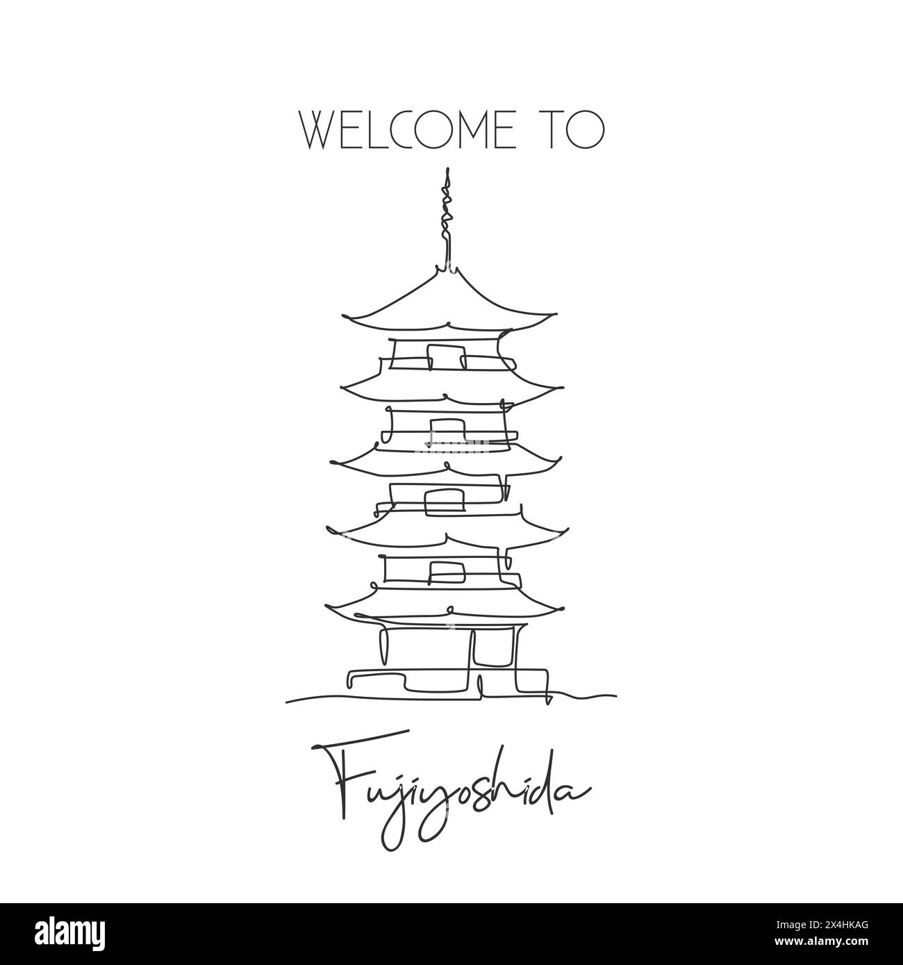 Una linea singola che disegna il monumento di Fuji San Pagoda. Luogo famoso in tutto il mondo a Fujiyoshida, Giappone. Turismo viaggio cartolina casa decorazione parete concetto di arte. Moder Illustrazione Vettoriale