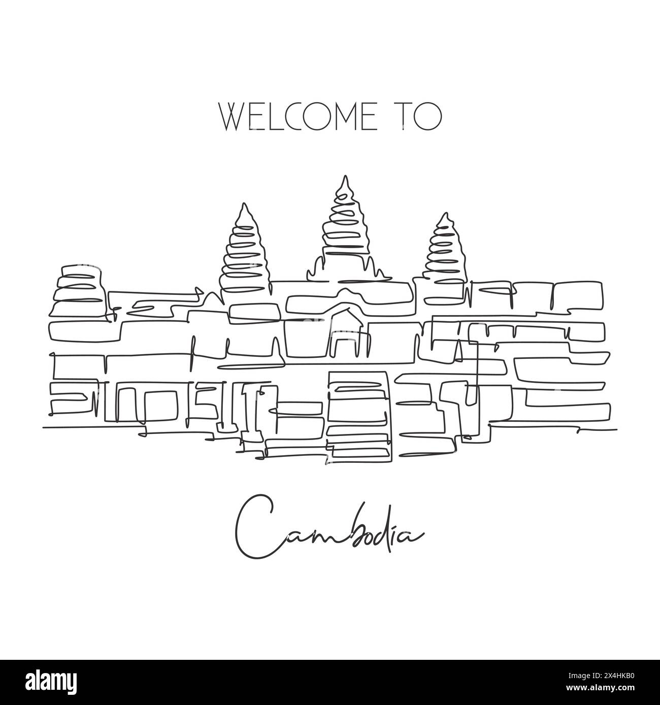 Una linea continua che traccia il punto di riferimento dei templi di Angkor Wat. Luogo iconico a Siem Reap, Cambogia. Decorazioni murali per le vacanze, poster per la casa. Mod Illustrazione Vettoriale