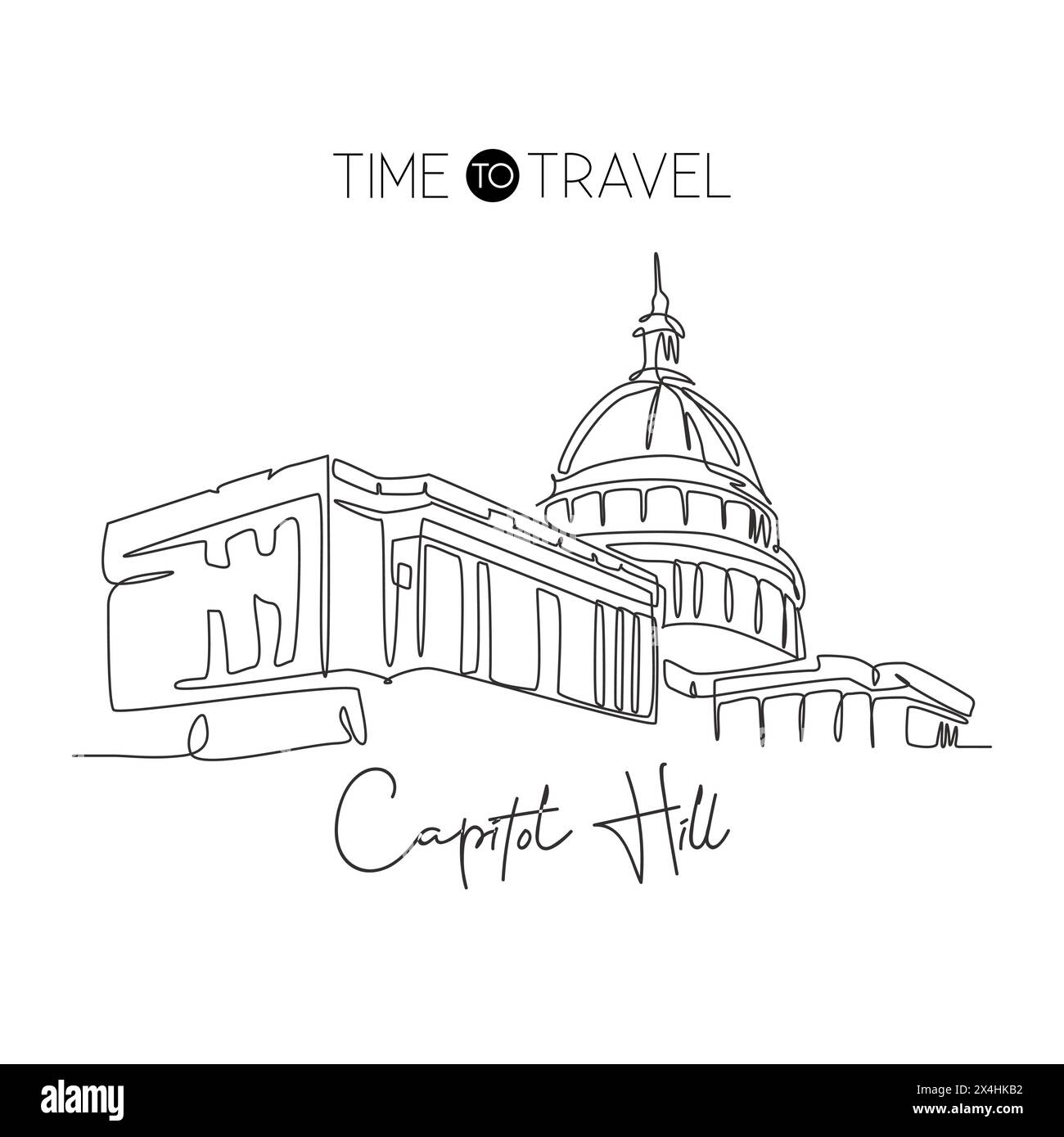 Linea singola continua che disegna il punto di riferimento di Capitol Hill. Luogo iconico famoso a Washington DC, Stati Uniti. Arredamento da parete, stampa di poster artistici Illustrazione Vettoriale