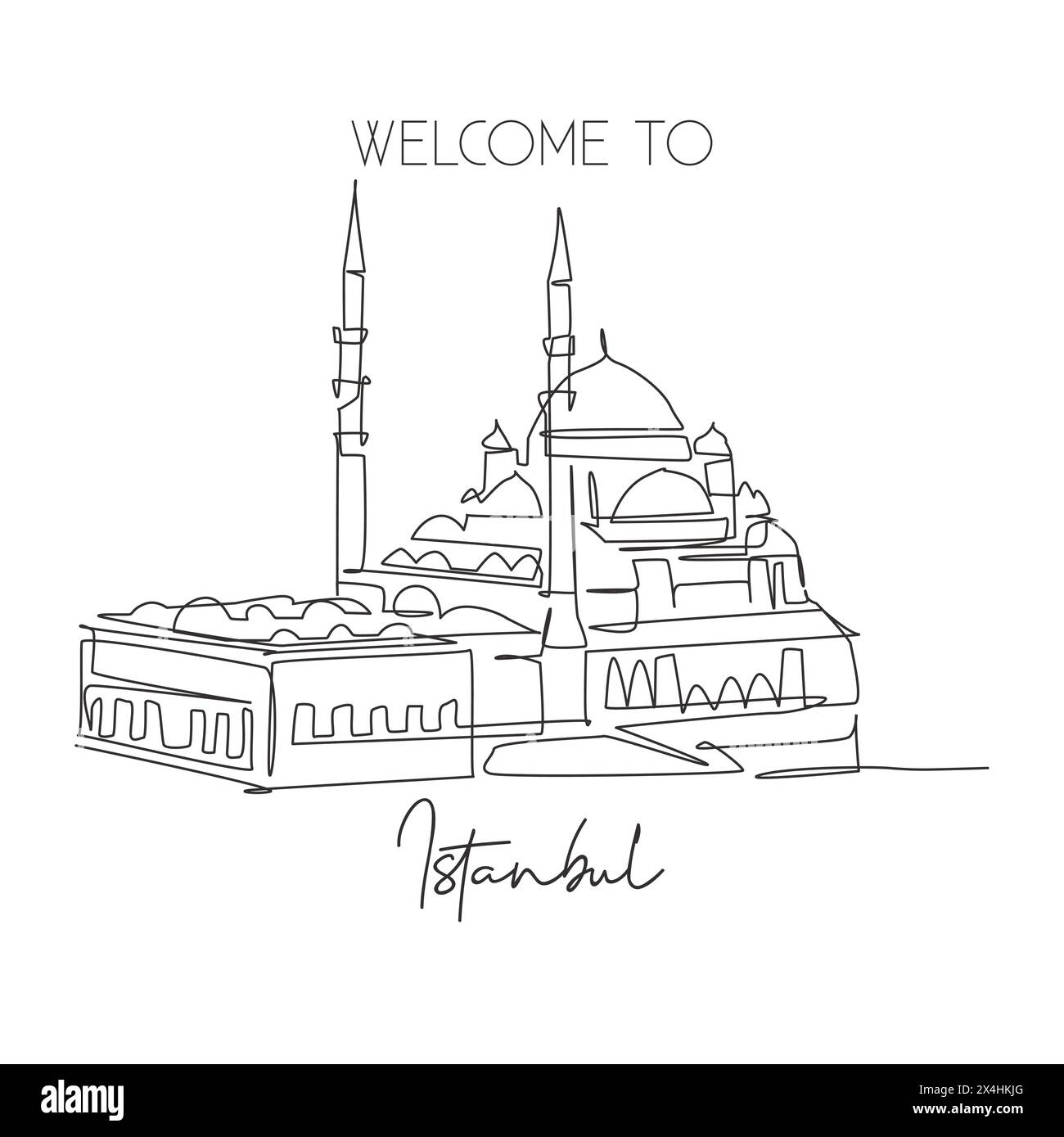Una linea singola che disegna la nuova Moschea. Il famoso paesaggio urbano di Istanbul, Turchia. Concetto di poster decorativi da cartolina per viaggi turistici. Modalità Illustrazione Vettoriale