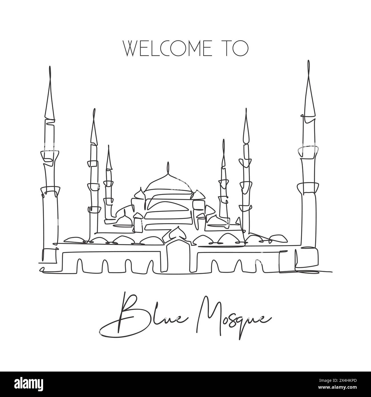 Una linea singola che disegna il simbolo della Moschea Blu. Luogo famoso a Istanbul, in Turchia. Turismo viaggio cartolina arredamento casa arte parete poster stampa concetto. Modalità Illustrazione Vettoriale