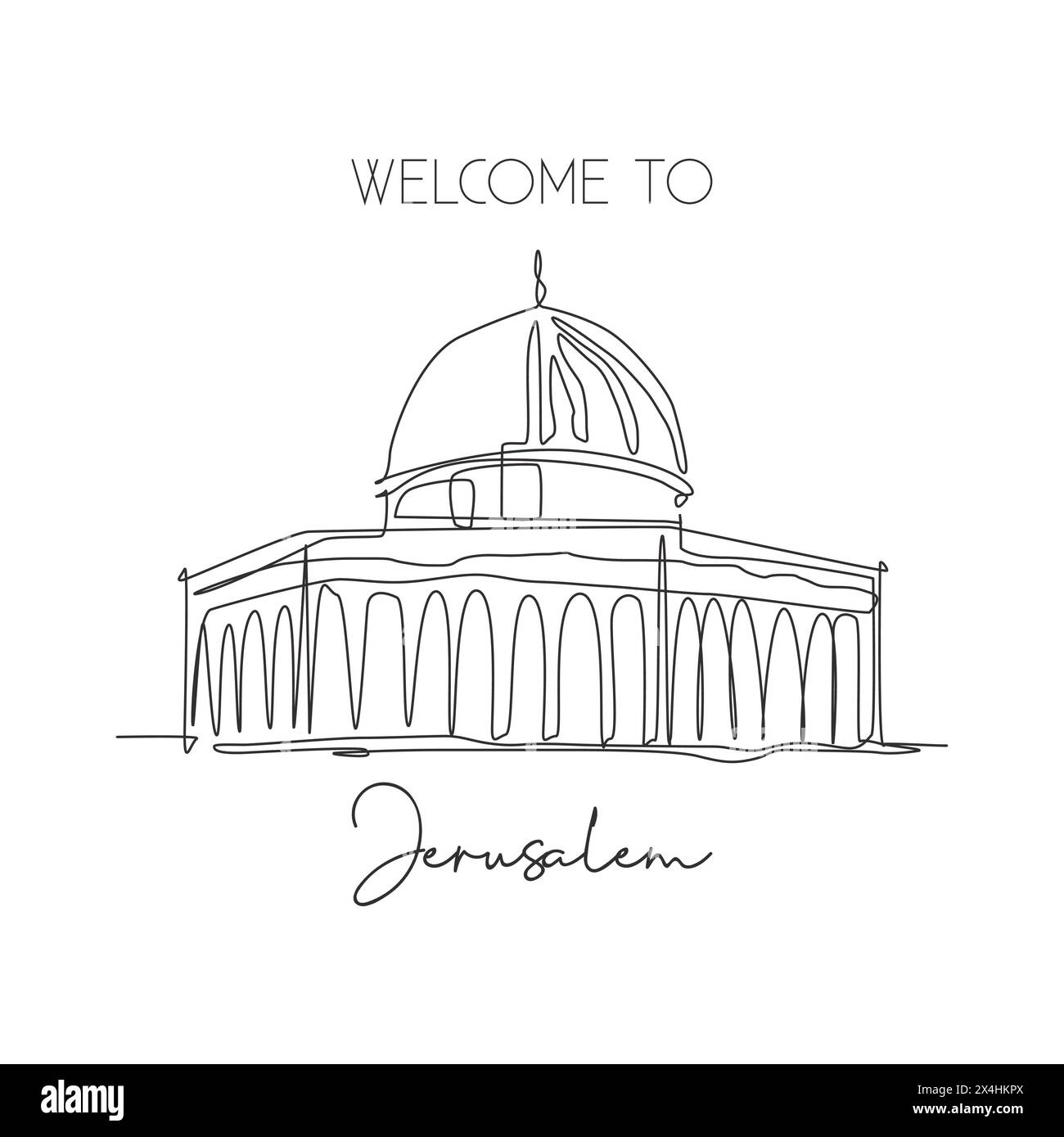 Una linea singola che disegna la cupola della roccia, punto di riferimento della moschea al Aqsa. Famosa icona di Gerusalemme. Poster per l'arredamento da cartolina turistico. Moderno Illustrazione Vettoriale