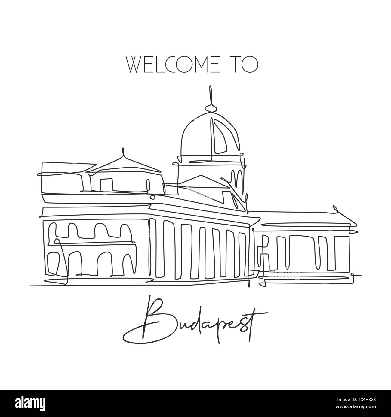 Una linea singola che disegna il monumento storico del Castello di Buda. Famoso palazzo iconico di Budapest in Ungheria. Concetto di stampa poster per cartoline da viaggio turistico. Illustrazione Vettoriale