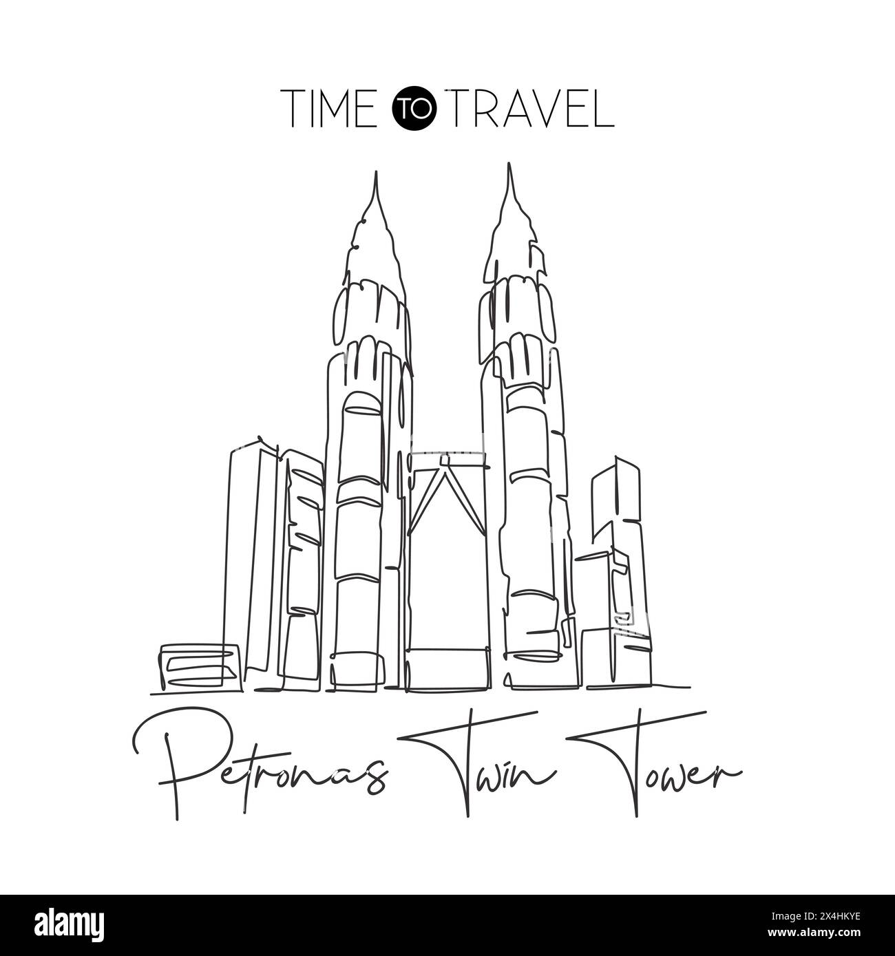 Depok, Indonesia - 6 agosto 2019: Una linea singola disegna il monumento Petronas Twin Tower. Luogo famoso in tutto il mondo a Kuala Lumpur, Malesia. Viaggi turistici Illustrazione Vettoriale