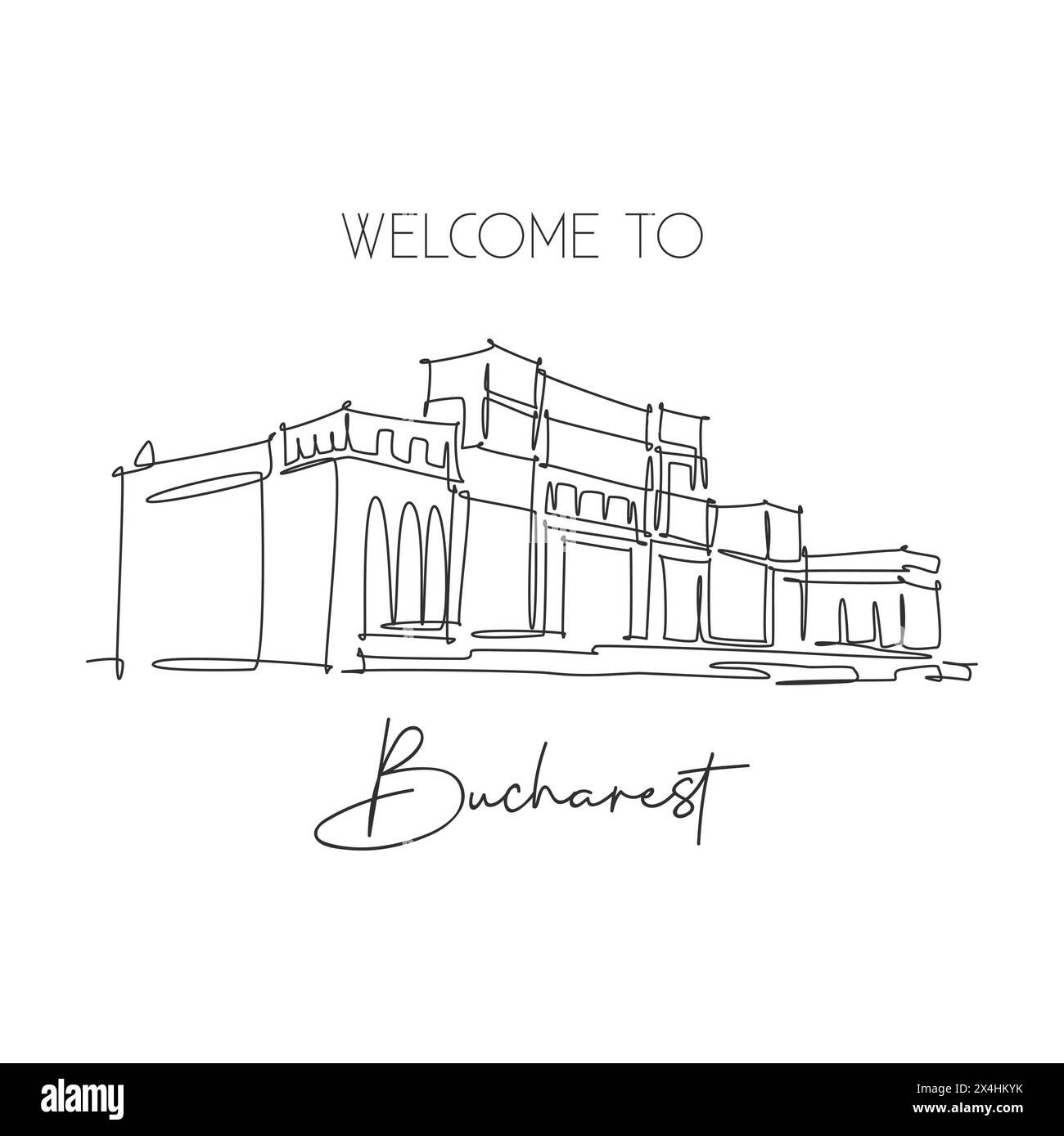 Un disegno su una sola linea del Palazzo del Parlamento Romania monumento di Bucarest. Turismo viaggio cartolina casa decorazione parete poster stampa concetto di arte. TREN Illustrazione Vettoriale