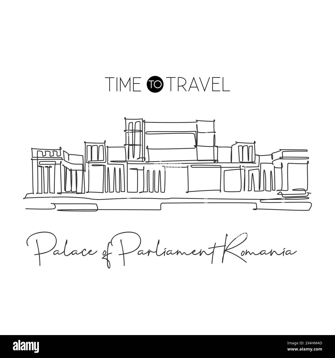Disegno a linea singola e continua Palazzo del Parlamento. Palatul Parlamentului Place a Bucarest, Romania. Design per la casa con stampe a muro Illustrazione Vettoriale