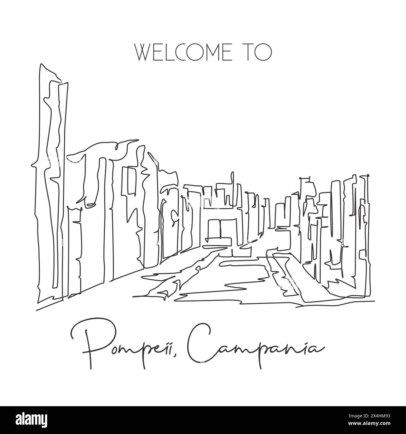 Una linea continua che disegna Pompei, simbolo della città romana classica. Skyline storico di Napoli, Italia. Poster decorato per le vacanze. TR Illustrazione Vettoriale