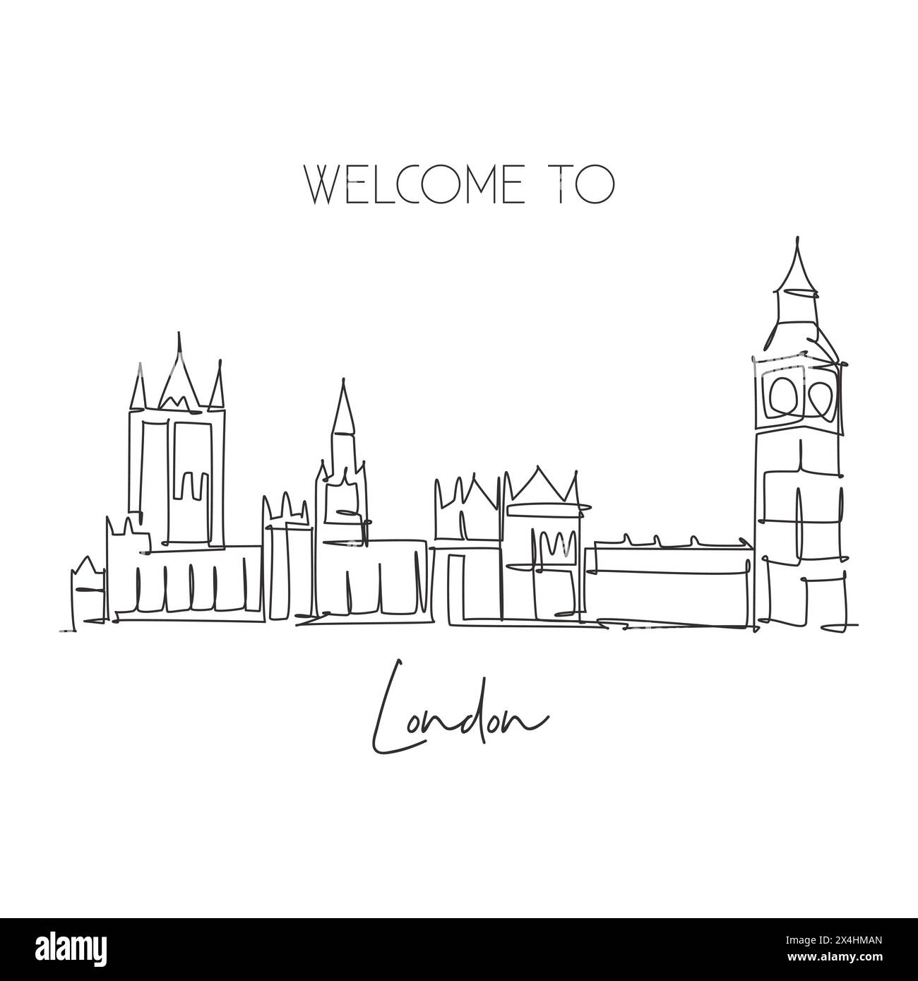 Un edificio con una sola linea del parlamento di Londra. Famoso in tutto il mondo, iconico in Inghilterra, Regno Unito. Concetto di cartolina turistica e di viaggio. TREN Illustrazione Vettoriale