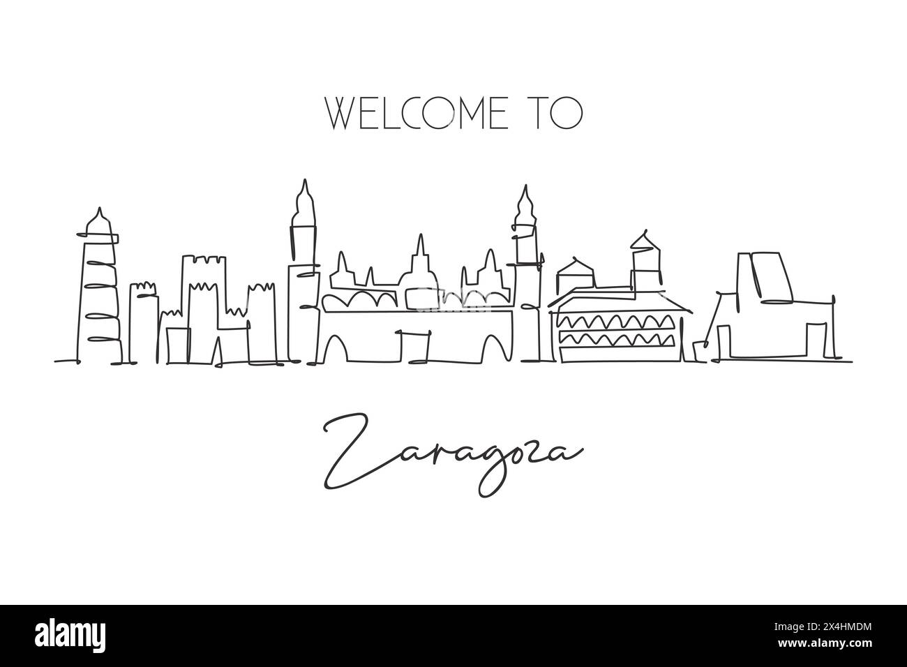Una linea continua che disegna lo skyline della città di Saragozza in Spagna. Bellissimo grattacielo da cartolina. Mondo paesaggio turismo viaggi vacanza parete decor poster conc Illustrazione Vettoriale