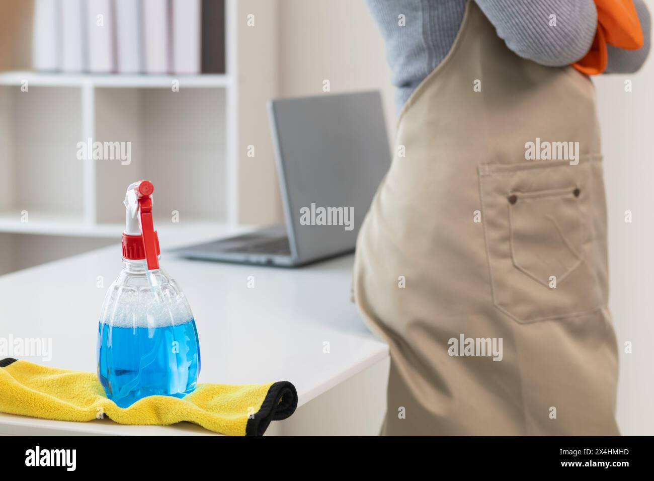La soluzione detergente a base di disinfettante è preparata in un flacone spray per una facile spruzzatura per pulire gli interni degli uffici e le superfici dei mobili. Concetto di Foto Stock