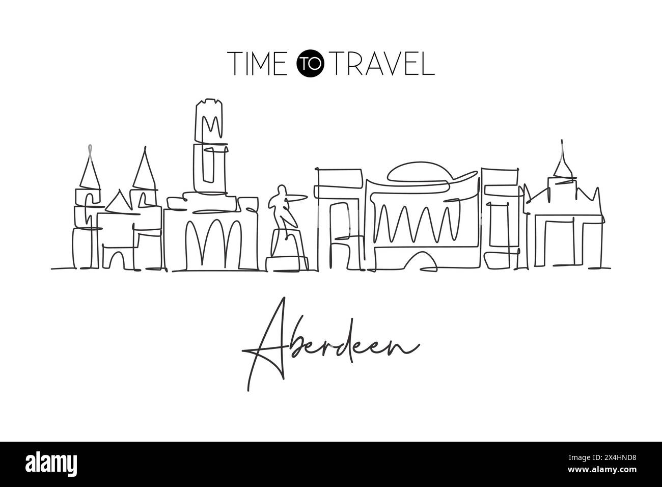 Disegno a linea singola continua dello skyline di Aberdeen, Scozia. Famoso raschietto e paesaggio cittadino. World Travel Concept, arredamento da parete, poster, stampa artistica Illustrazione Vettoriale