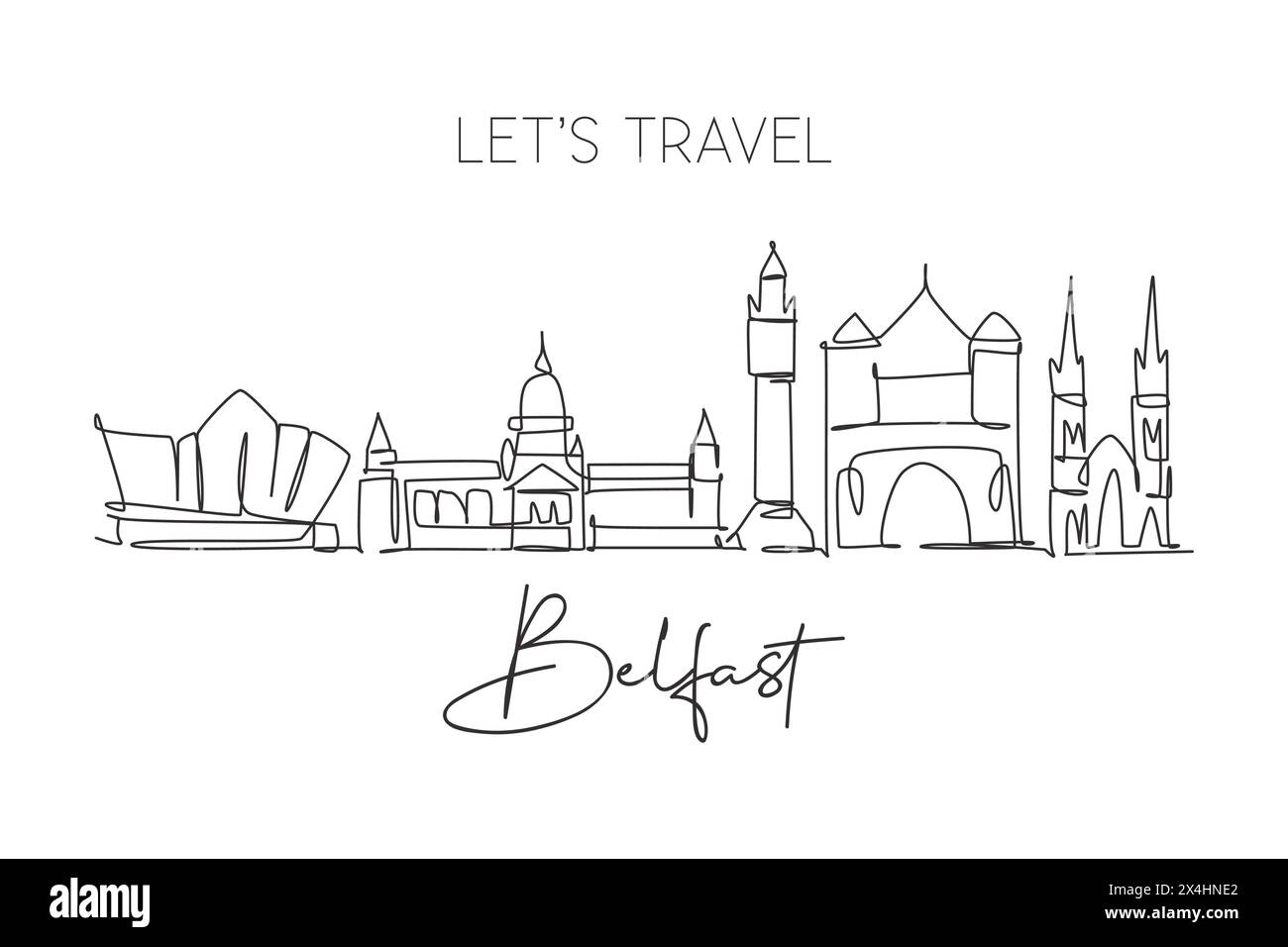 Disegno a linea singola continua dello skyline di Belfast, Irlanda del Nord. Famoso paesaggio cittadino. Concetto di viaggio in tutto il mondo arredamento da parete per poster, stampa artistica Illustrazione Vettoriale