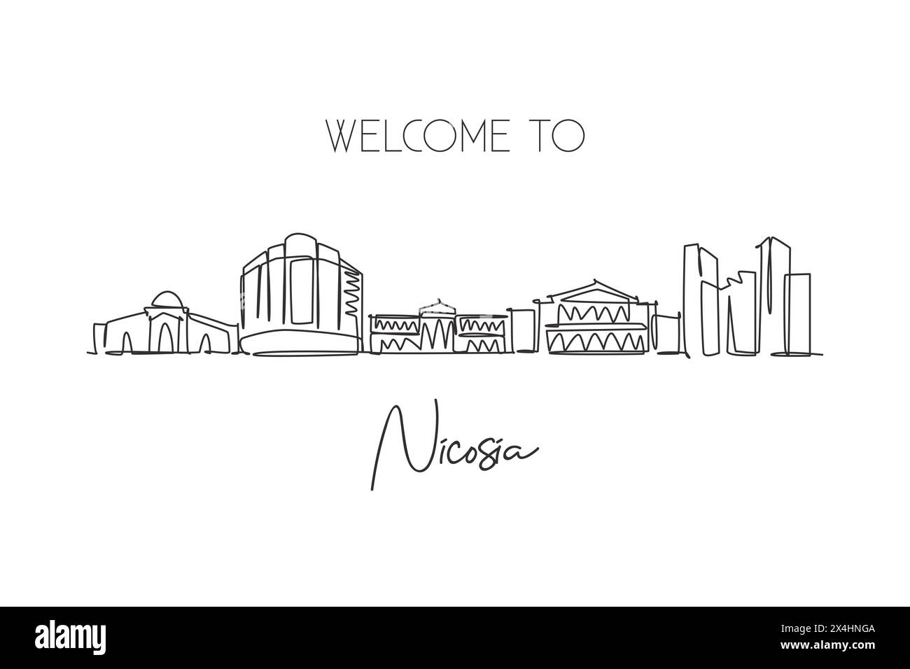 Un disegno continuo dello skyline di Nicosia, Cipro. Splendido punto di riferimento. Poster del turismo paesaggistico mondiale e delle vacanze di viaggio. Elegante e modificabile Illustrazione Vettoriale
