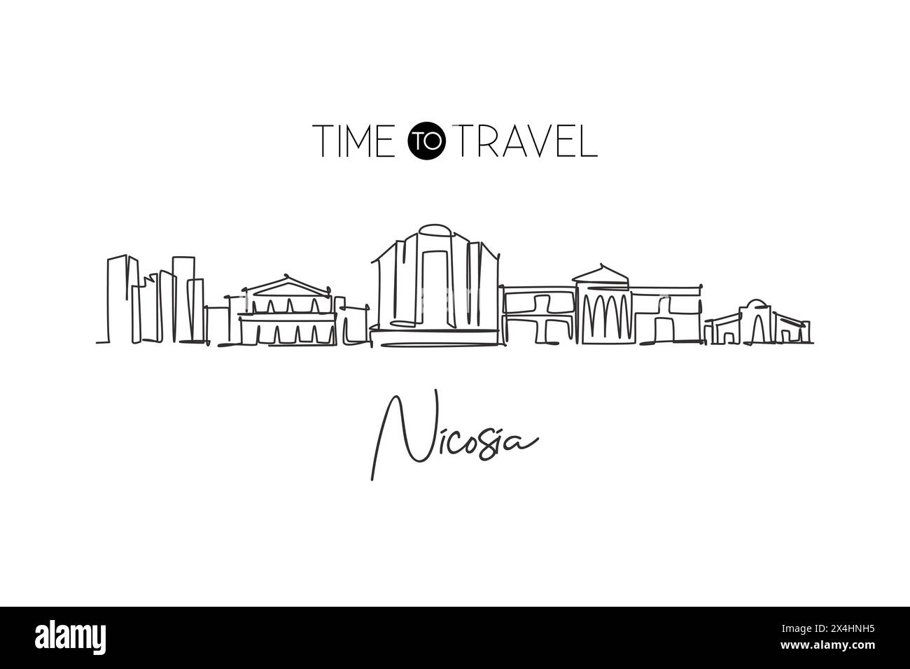 Disegno a linea singola continua dello skyline di Nicosia, Cipro. Il famoso paesaggio cittadino dei raschiatori. World Travel concept Home wall decor poster stampa art. Illustrazione Vettoriale