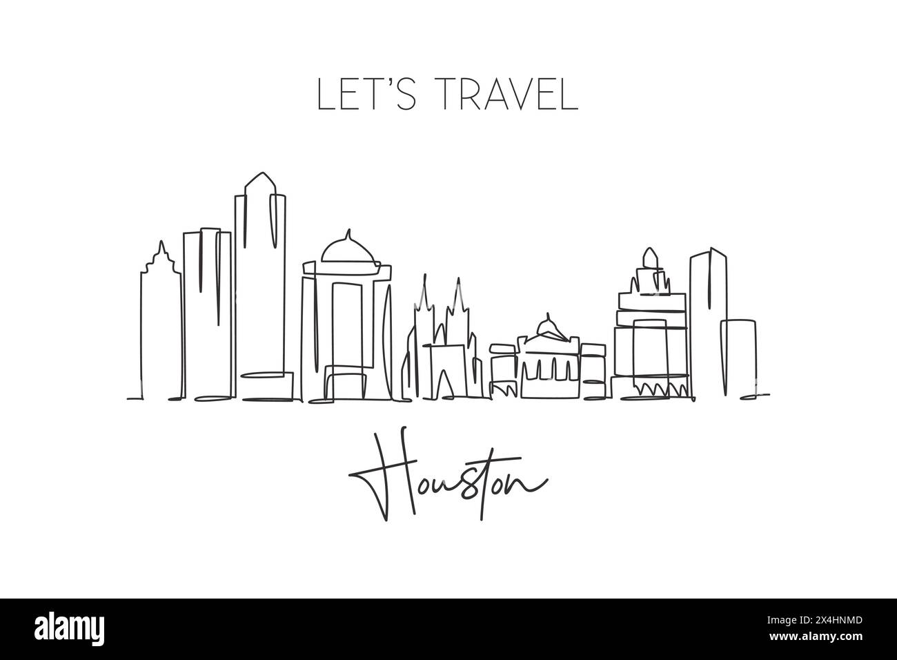 Un disegno su una sola linea dello skyline di Houston, Stati Uniti. Il paesaggio storico della città nel mondo. La migliore destinazione per le vacanze. Tratto modificabile tren Illustrazione Vettoriale