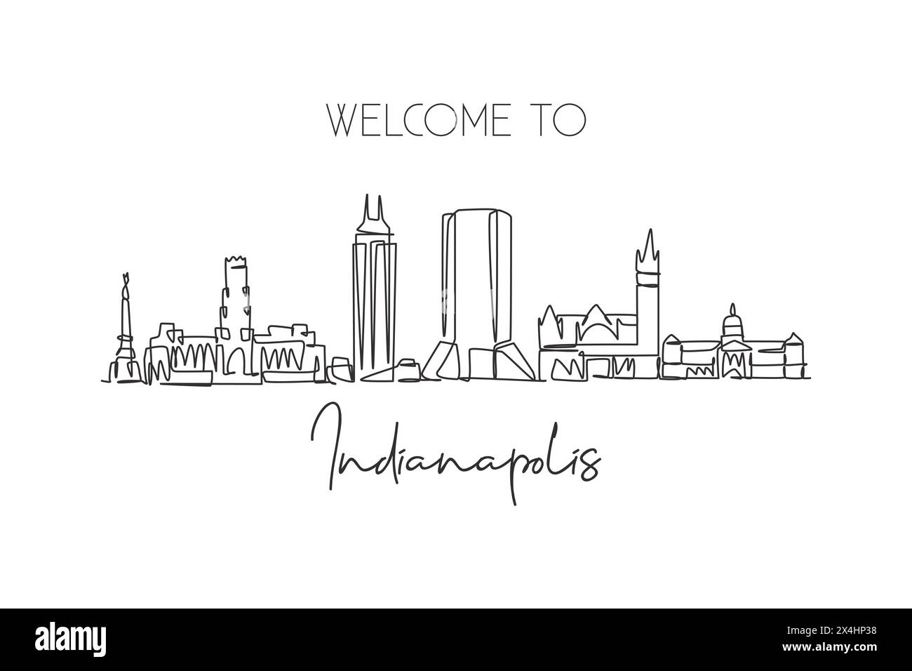 Un disegno continuo dello skyline di Indianapolis, Stati Uniti. Splendido punto di riferimento. Poster di viaggio del turismo paesaggistico mondiale. Eleganti e modificabili Illustrazione Vettoriale