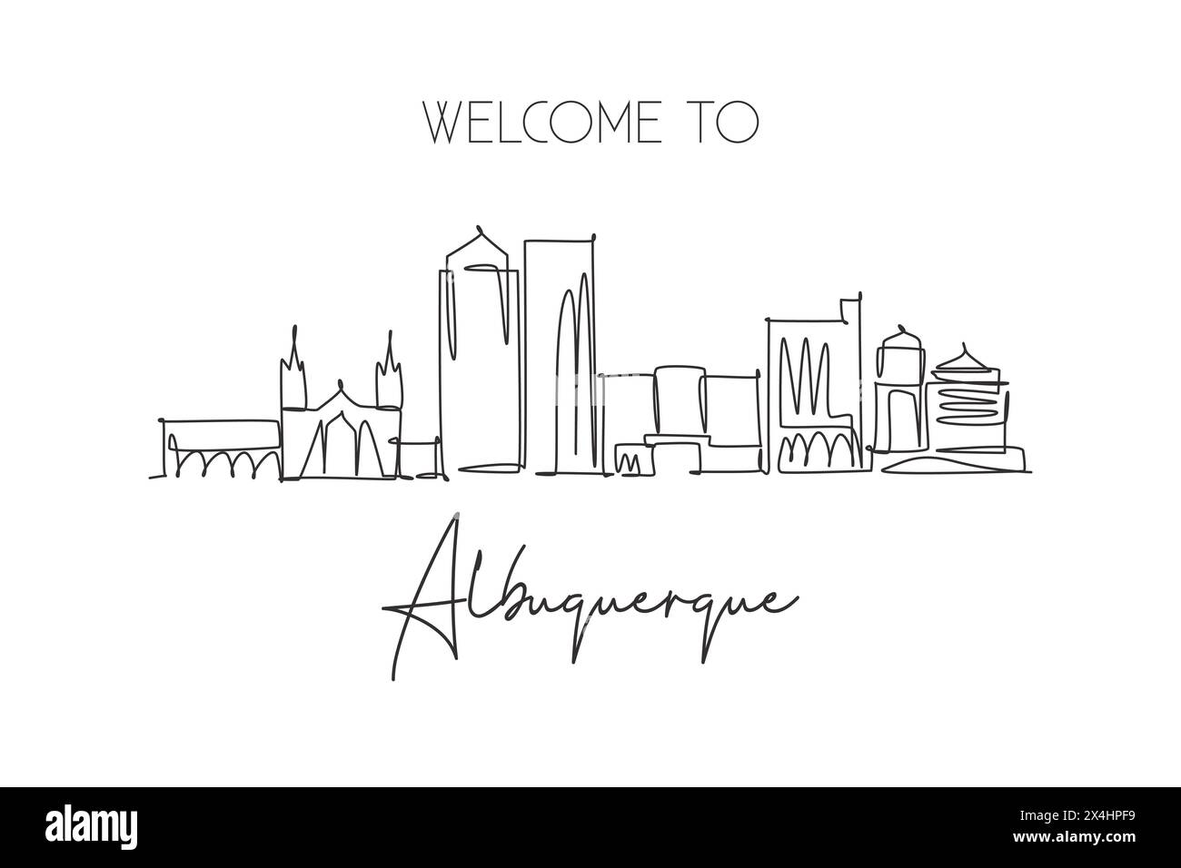 Disegno a linea singola continua dello skyline di Albuquerque, New Mexico. Famoso paesaggio cittadino. World Travel concept Home wall decor poster stampa art. Illustrazione Vettoriale