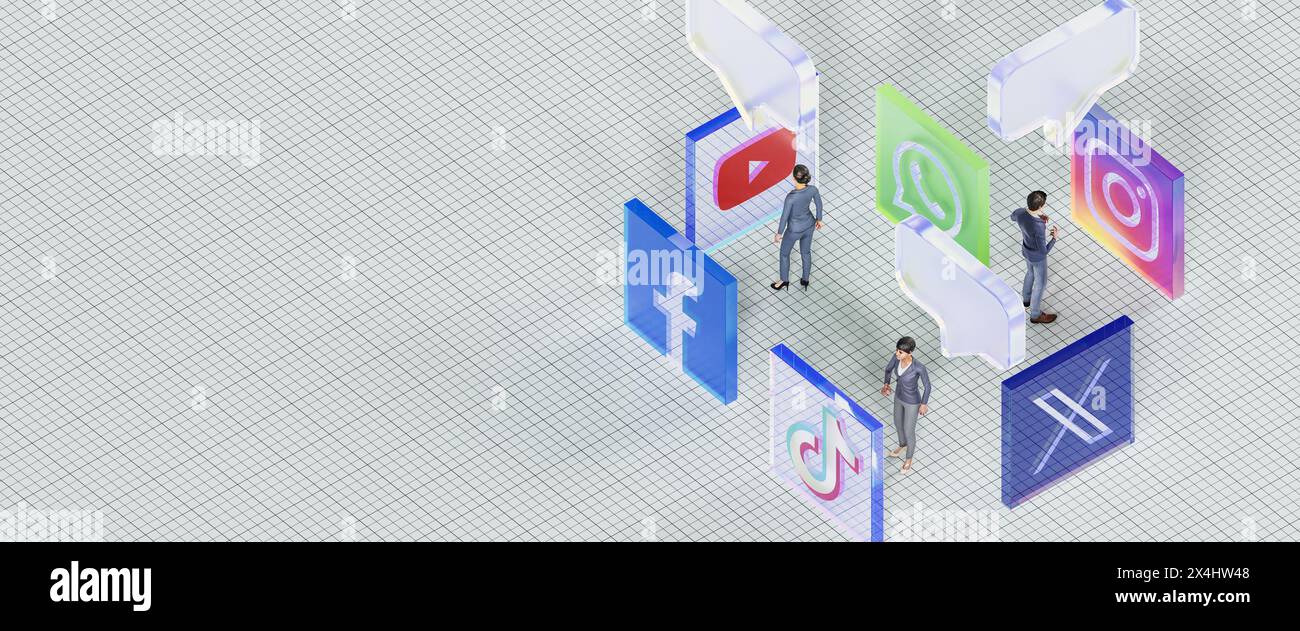 Concetto di social media. Logo delle principali operazioni di social media Facebook, TikTok, X, YouTube, Whatsapp, Instagram come piastrelle di vetro smerigliato su un ortogonale Foto Stock