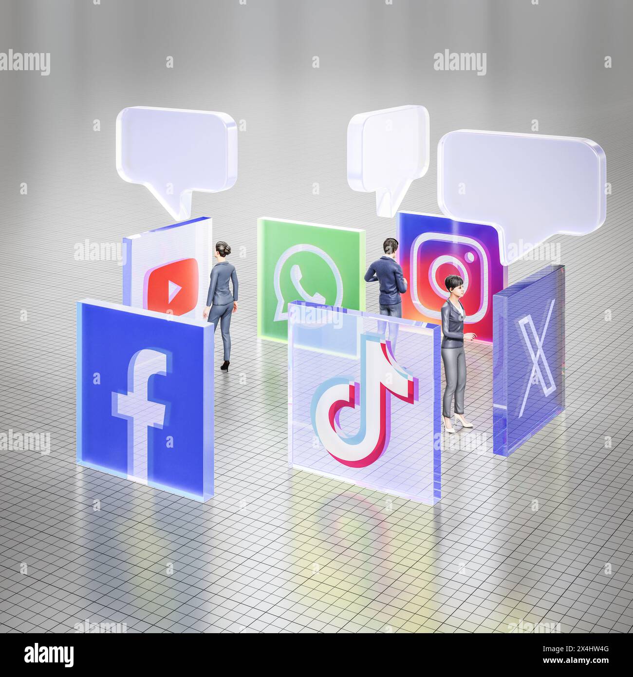 Concetto di social media. Logo delle principali operazioni di social media Facebook, TikTok, X, YouTube, Whatsapp, Instagram come mattonelle di vetro smerigliato su una griglia Foto Stock