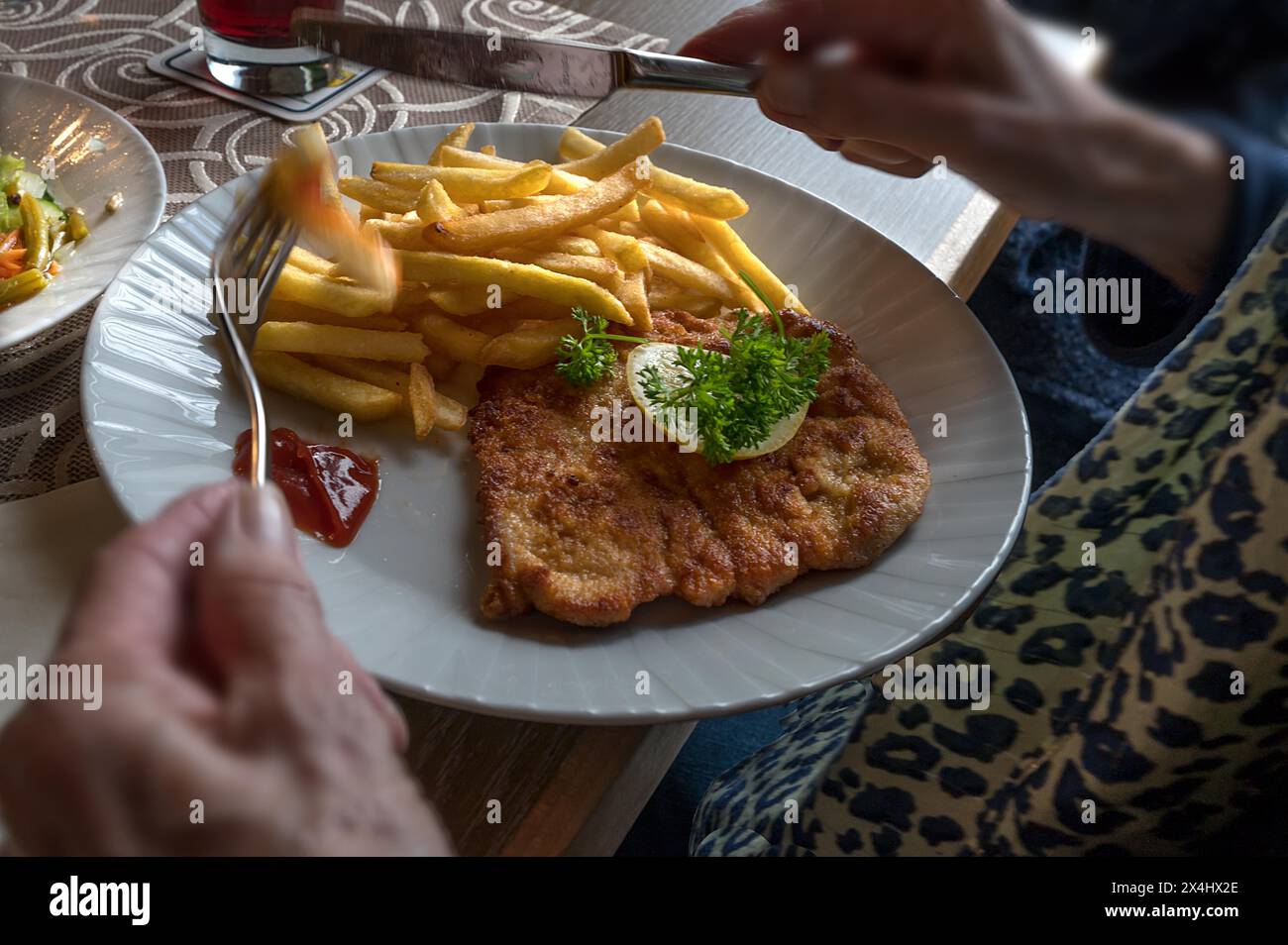 Schnitzel di maiale con patatine fritte servite in un pub, Franconia, Baviera, Germania Foto Stock