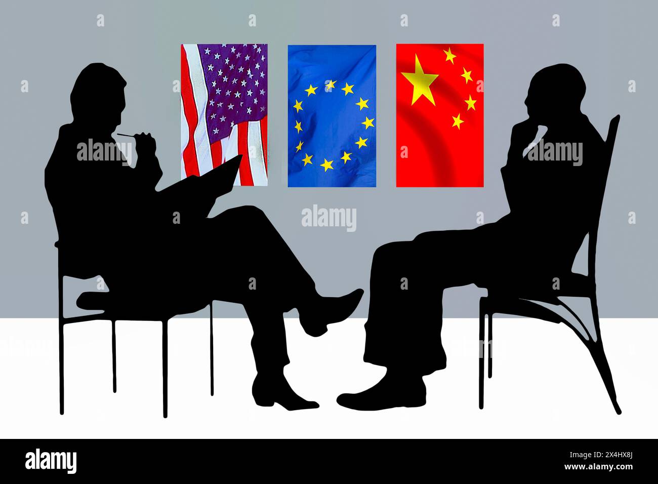 Immagine simbolica, riunione, riunione, negoziazione multilaterale, USA, Unione europea, Cina, aree economiche, capitalismo, comunismo, trattati Foto Stock