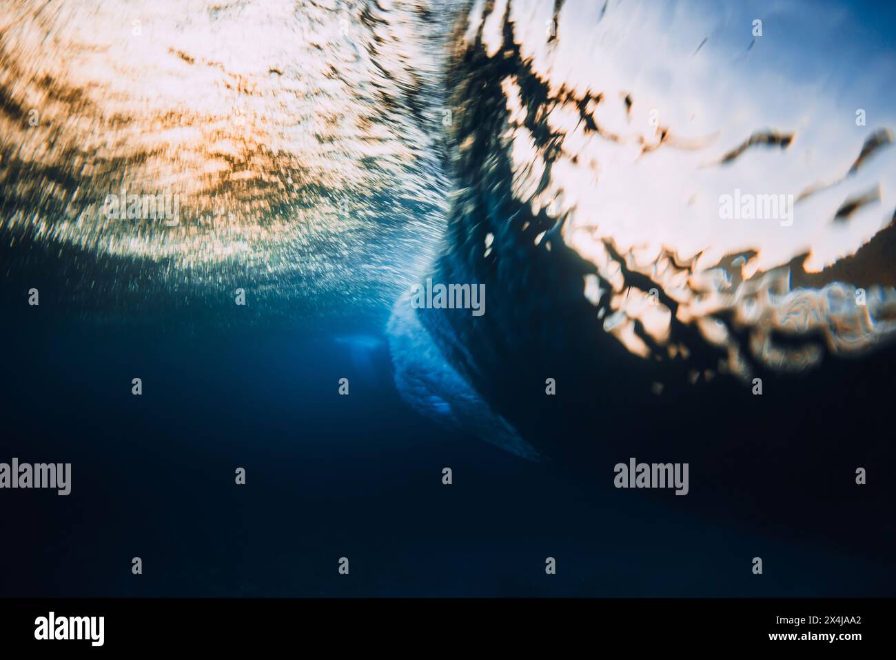 Onde di botte che si infrangono nell'oceano con la luce del tramonto o dell'alba. Vista subacquea dell'onda da surf con velocità dell'otturatore elevata Foto Stock
