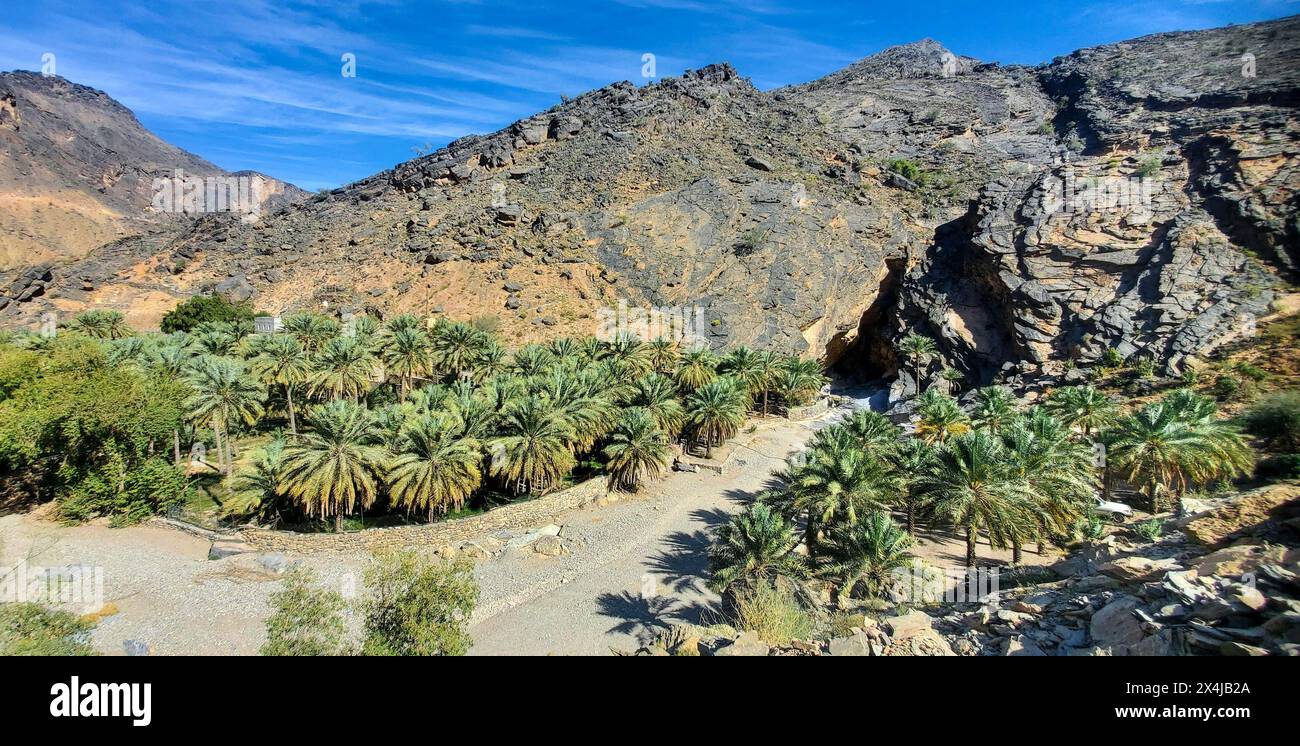 Scendendo verso il canyon di Snake, Wadi Ban Auf, Western Hajar Mountains, Oman Foto Stock